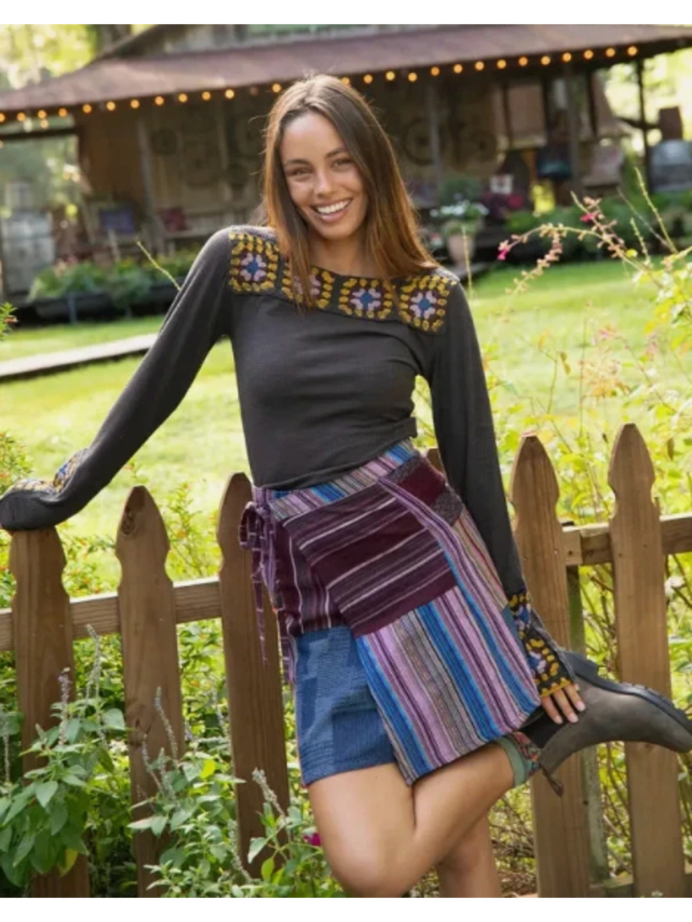 Natural Life Wrap Skirt Patchwork Womens Size S Mini Striped Boho Hippie NEW